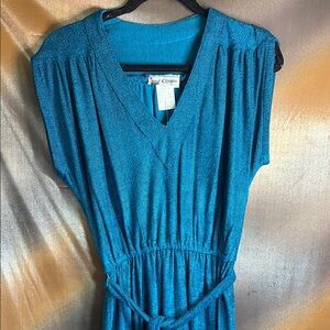 Vintage 70’s terry turquoise‎ V-Neck Dress with belt front slit. 501